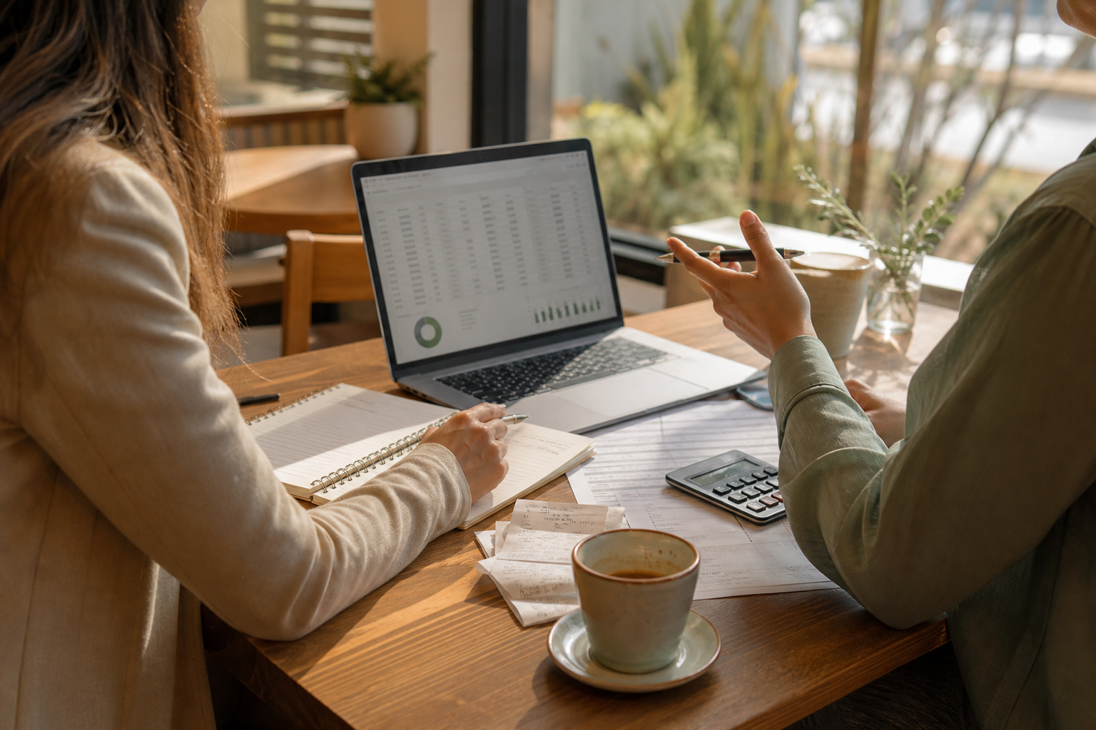 Local bookkeeping meeting with laptop, coffee, and documents